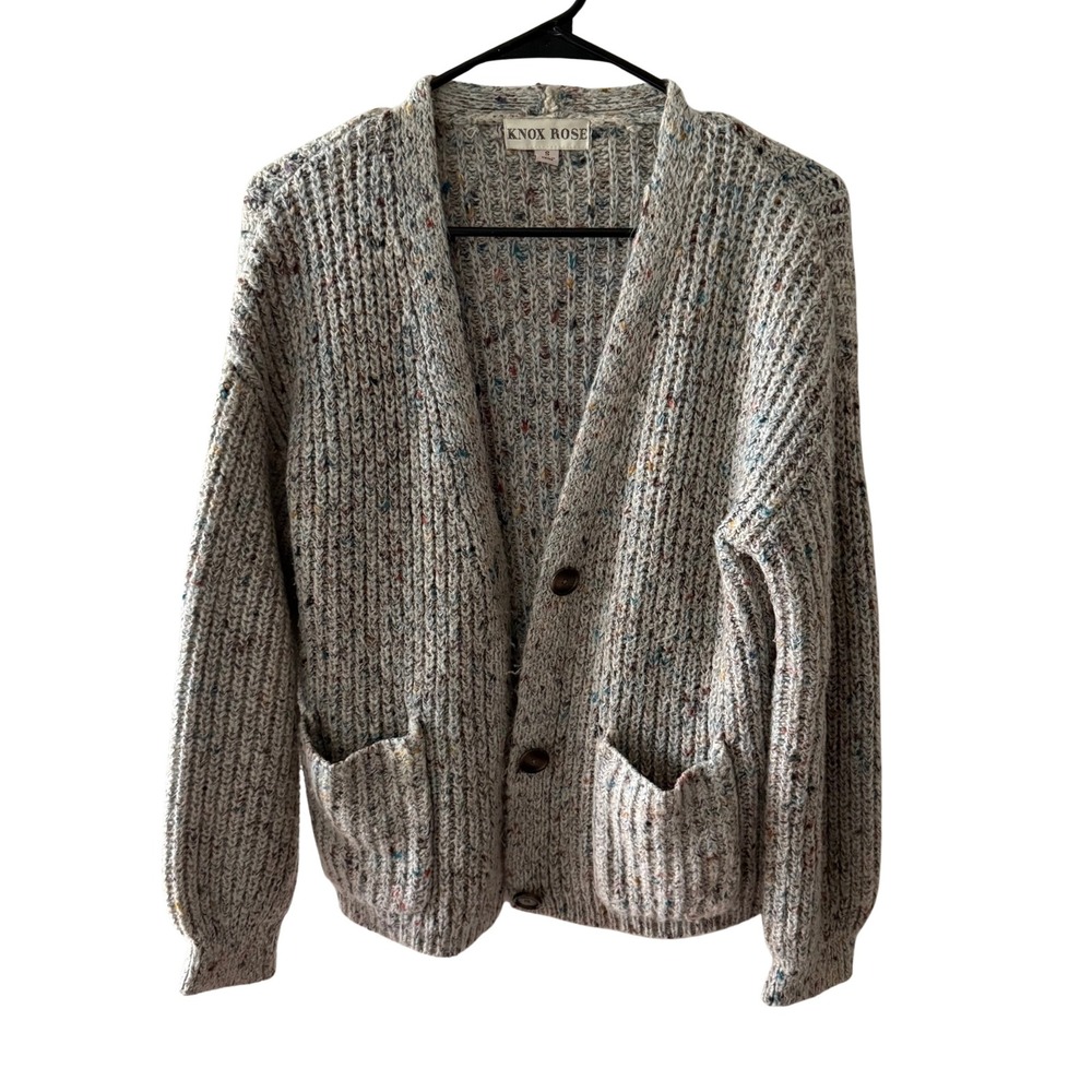 Knox Rose Womens Confetti Chunky Knit Cardigan Sweater Oatmeal Multi Small